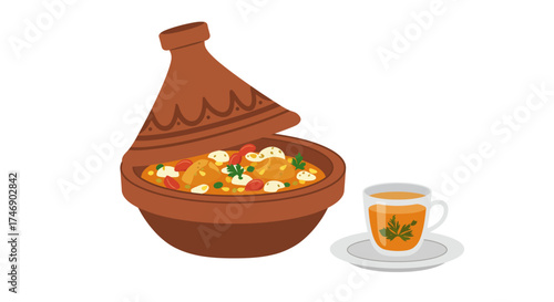 Moroccan tagine with chicken  vegetables served with tea in a glass cup