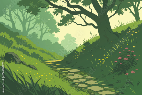  a pathway through a lush green forest, detailed rocky path winding through tall grass and wildflowers, dappled sunlight filtering through the canopy of trees, serene and tranquil atmosphere, vibran