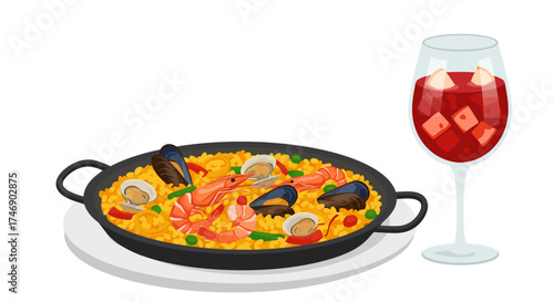 Paella in a black pan seafood topping with sangria in a wine glass alongside