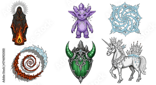 Enchanted Collection of Mystical Creatures and Magical Elements on White