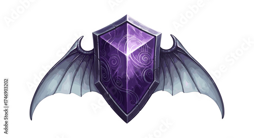 Winged purple crystal shield with swirling mystical pattern artwork