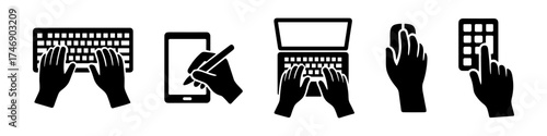 Hands with devices silhouettes , typing keyboard, writing tablet, laptop typing, mouse click, smartphone tap