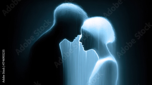 Negative Thought Cycle, Silhouette of a couple sharing an intimate moment, illuminated with a soft blue glow against a dark background.