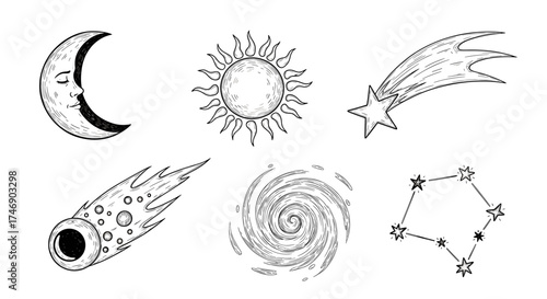 Celestial Sketches: Moon, Sun, Stars, Comets, Galaxy on White Background