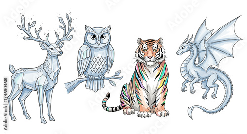 Mystical Crystal Creatures: A Colorful Collection of Fantasy Animals on White
