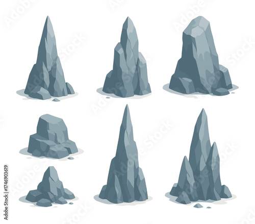 Rock spires set, tall monolith, pointed pinnacle, rocky column, crag peak, stone mound