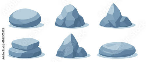 Rock shapes icons ,smooth stone, jagged rock, stacked slabs, natural boulder, ground shadow