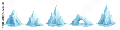 Iceberg formation sequence ,small iceberg, tall peak, arch iceberg, floating ice, arctic water