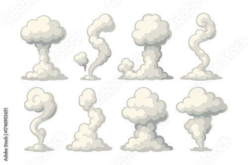 Smoke puff icons ,steam cloud, vertical plume, curling smoke, hot vapor, explosion cloud
