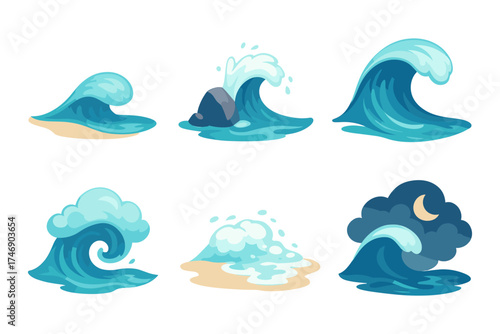 Ocean wave icons ,sea wave, splash surf, beach foam, storm swell, night tide