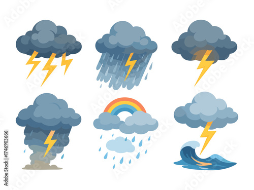Storm cloud icons set ,thunder storm, heavy rain, lightning bolt, rainbow shower, ocean wave