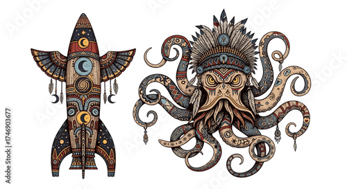 Decorative rocket with moon symbols and octopus with headdress illustrations