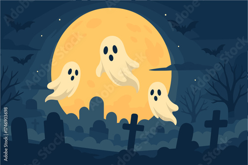 Halloween cemetery illustration , flying ghosts, full moon, graveyard crosses, spooky bats, dark night