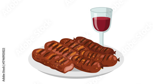 Plate of sausages next to a wine glass filled with red wine