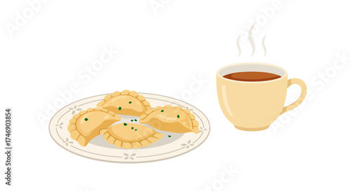 Plate with 4 dumplings next to steaming coffee mug