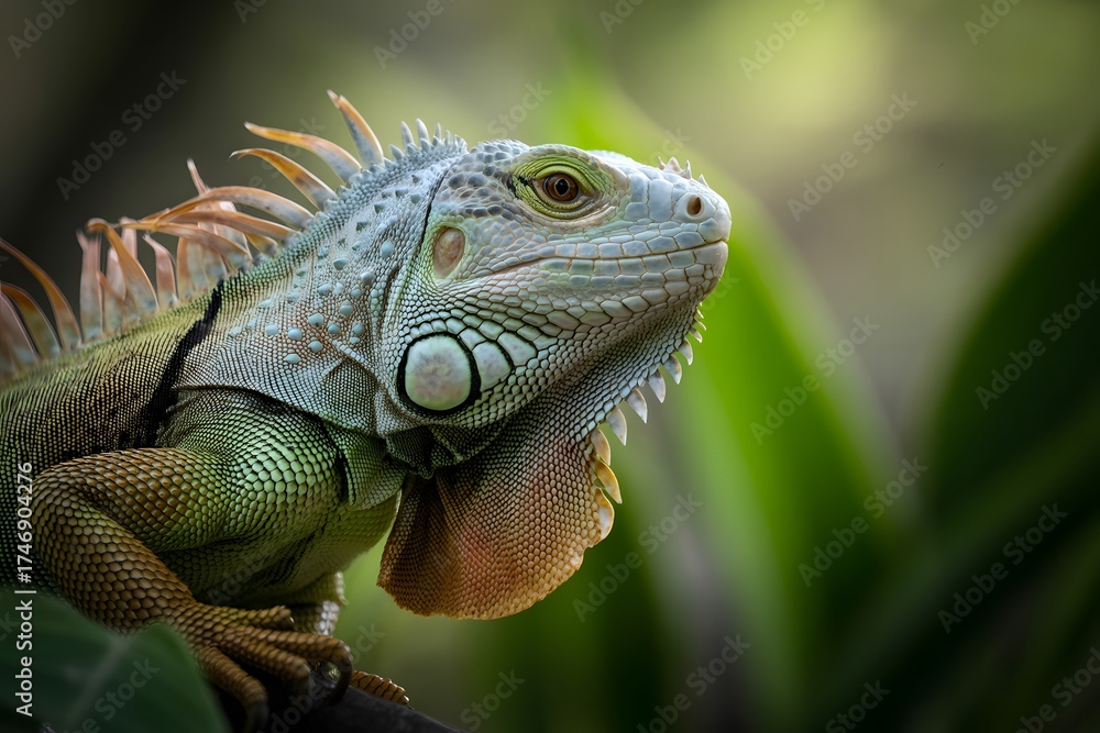 Fototapeta premium Close-up macro photograph of a green iguana's detailed head and scaly skin texture