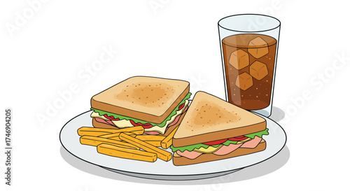 Sandwich with fries  soda halved sandwich yellow fries tall glass w iced drink