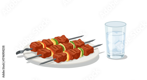 Skewered meat and veggies sit on a plate next to a glass of water with ice