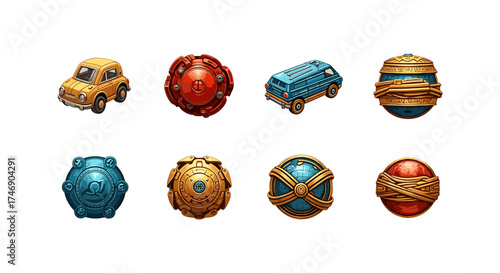 Cartoon vehicles and decorative orbs isolated on white background