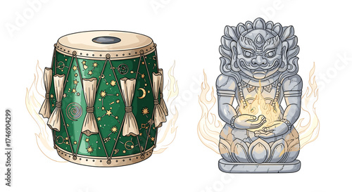 Mystical drum and statue adorned by flame elements on white