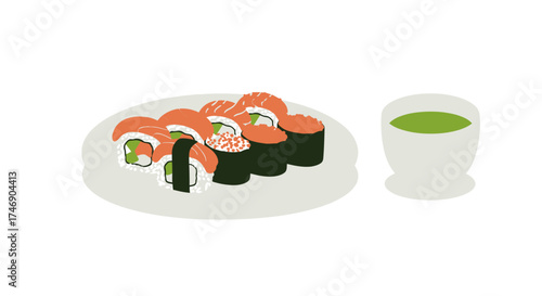 Sushi assortment on a plate with a side cup of green liquid