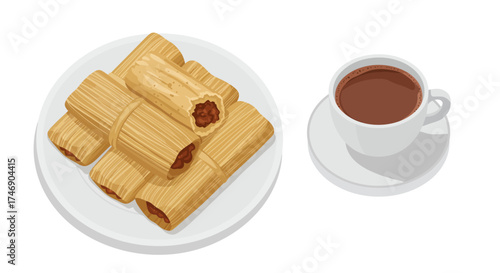 The image shows a plate of tamales next to a cup of what appears to be coffee