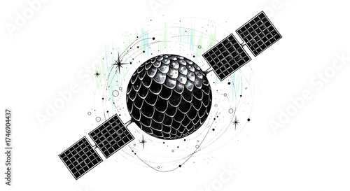 Stylized Satellite Orbiting Earth with Aurora Borealis Visuals and Geometric Patterns