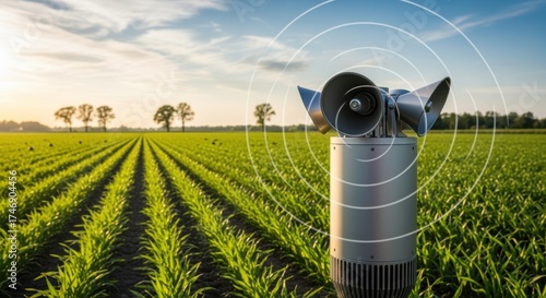 Medium shot of sonic bird deterrent device emitting sound waves over a vibrant field to protect crops from bird damage