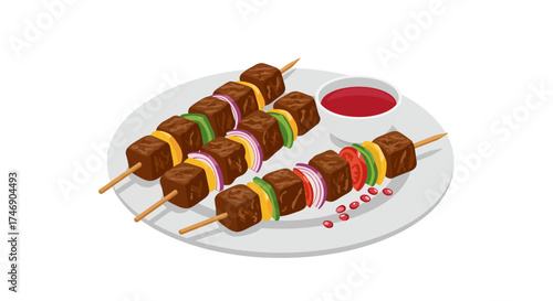 Three skewers of cubed meat  veg on a plate served with a dipping sauce presented against a white backdrop