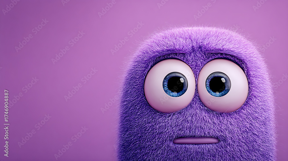 Fototapeta premium Puzzled Fluffy Purple Character with Expressive Eyes