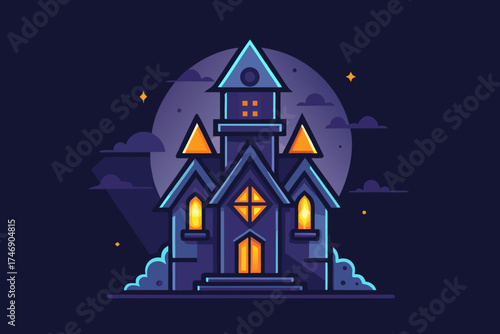 Gothic house silhouette glowing with triangle window style  