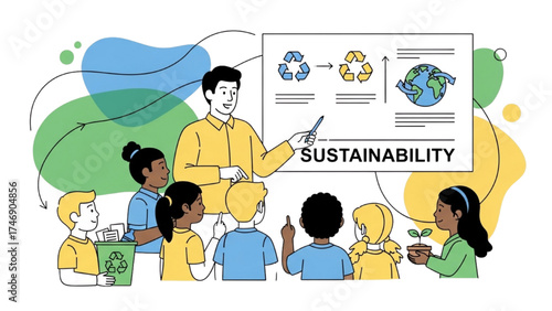 Continuous Line Art of Instructor Teaching Children About Recycling and Sustainability, Minimalist Environmental Education Illustration