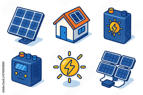 Isometric solar energy icons ,solar panel, solar house, solar battery, charge controller, green power