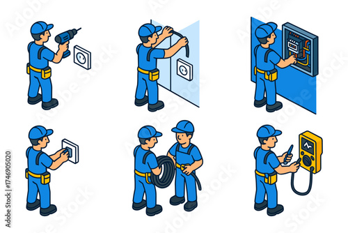 Isometric electrician workflow icons , drilling socket, cable laying, switchboard wiring, outlet testing, multimeter check