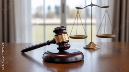 Justice in Perspective: A meticulously composed shot features a gavel and scales of justice poised on a polished wooden table, bathed in natural light filtering through a window.