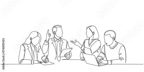 Line art Illustration of business people working together in the office. One line art style