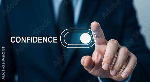 Businessman activating confidence with a digital toggle switch for selfassurance and empowerment in professional development and success