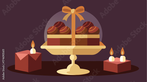 A gourmet chocolate box with artisanal truffles presented in an ornate packaging adorned with ribbons sitting on a glass table with candlelight.