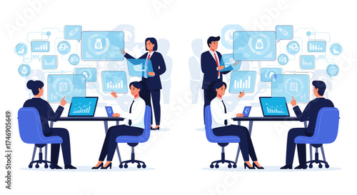 Modern business professionals collaborating remotely. Effective collaboration remotely shown with teamwork between colleagues using laptops in home office setting. Remote collaboration is the future,