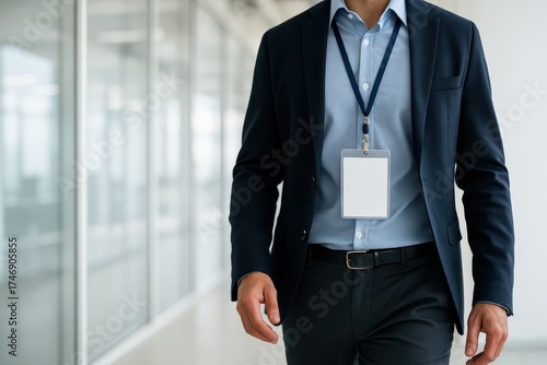 Corporate Professional Walking.  A professional man in a blazer walks through a modern office hallway, wearing a blank ID badge on a lanyard. Corporate identity concept.