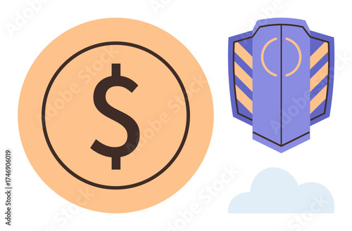Large dollar sign in orange circle, purple shield with stripes, and soft cloud shape. Ideal for finance, savings, security, investment, trust digital banking and protection concepts. Simple flat