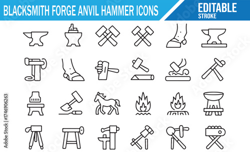 Editable Blacksmithing Tools Icons Set in Outline Style