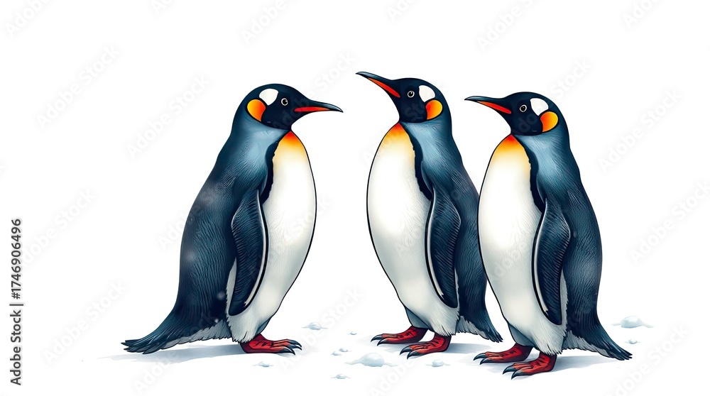 Obraz premium Symbolic traditional tattoo art of penguins in snowy fog, retro ornamental design with vibrant colors on white background