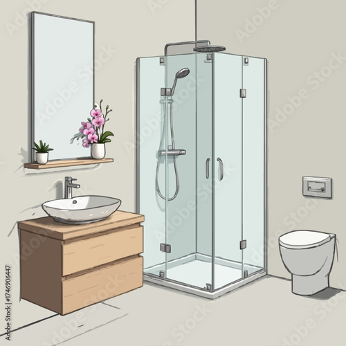 Modern bathroom with corner shower and wooden vanity