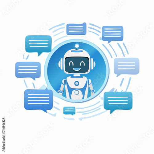 Friendly AI Chatbot surrounded by message bubbles, representing communication and support
