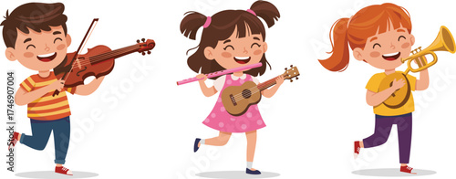 Children playing musical instruments, colorful vector illustration, joyful kids performance art, music education design, happy childhood moment, cartoon character artwork