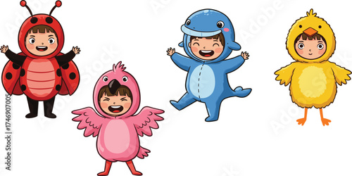 Cartoon children wearing animal costumes including ladybug, bird, dolphin, and duck in colorful playful scene for party or performance