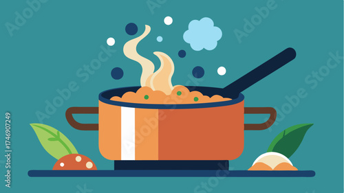 A pot of aromatic risotto being stirred on a stove with steam rising and ingredients like mushrooms and truffles visually represented.