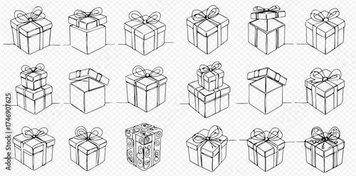 A collection of hand-drawn gift boxes with ribbons and bows in a row.