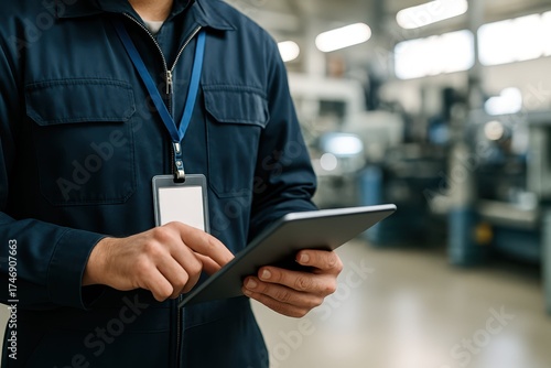 Industrial Technician with Tablet. An engineer in a uniform uses a digital tablet for quality control on a modern factory floor. The blank ID badge is perfect for industry mockups.